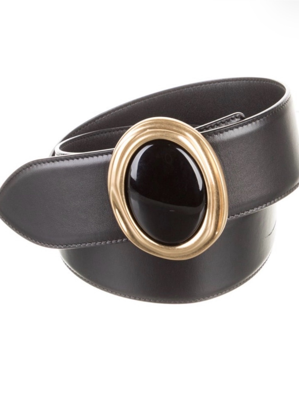 SAINT LAURENT 2021 Cabochon Wide Belt gold oval buckle  black leather belt